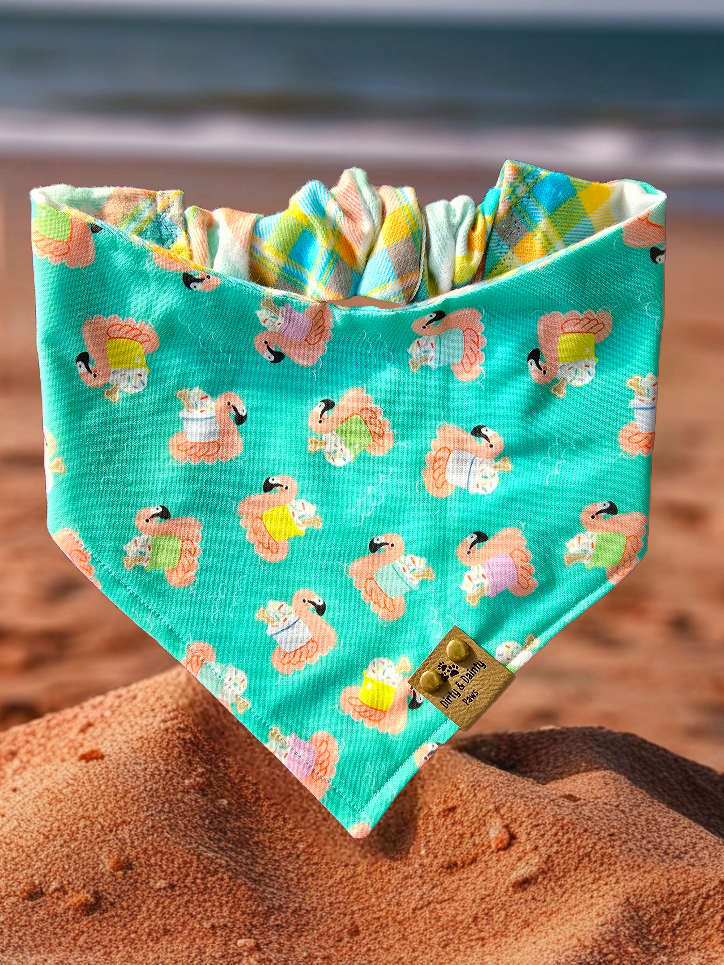 Flamingo Floaty Pup Cup/Summer Plaid Reversible Scrunchie Dog Bandana