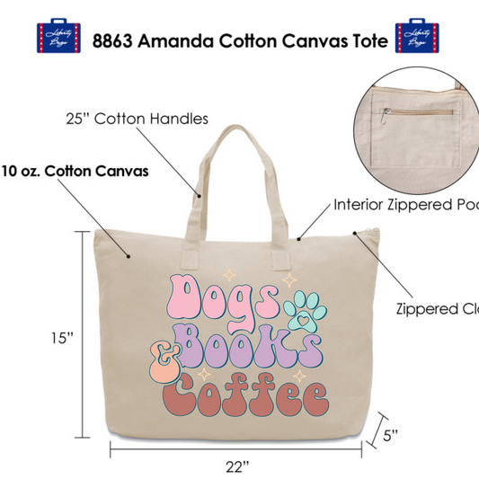 Luxe Dogs, Books & Coffee Zippered Canvas Tote – Premium & Spacious Book Lover Bag PRE-ORDER