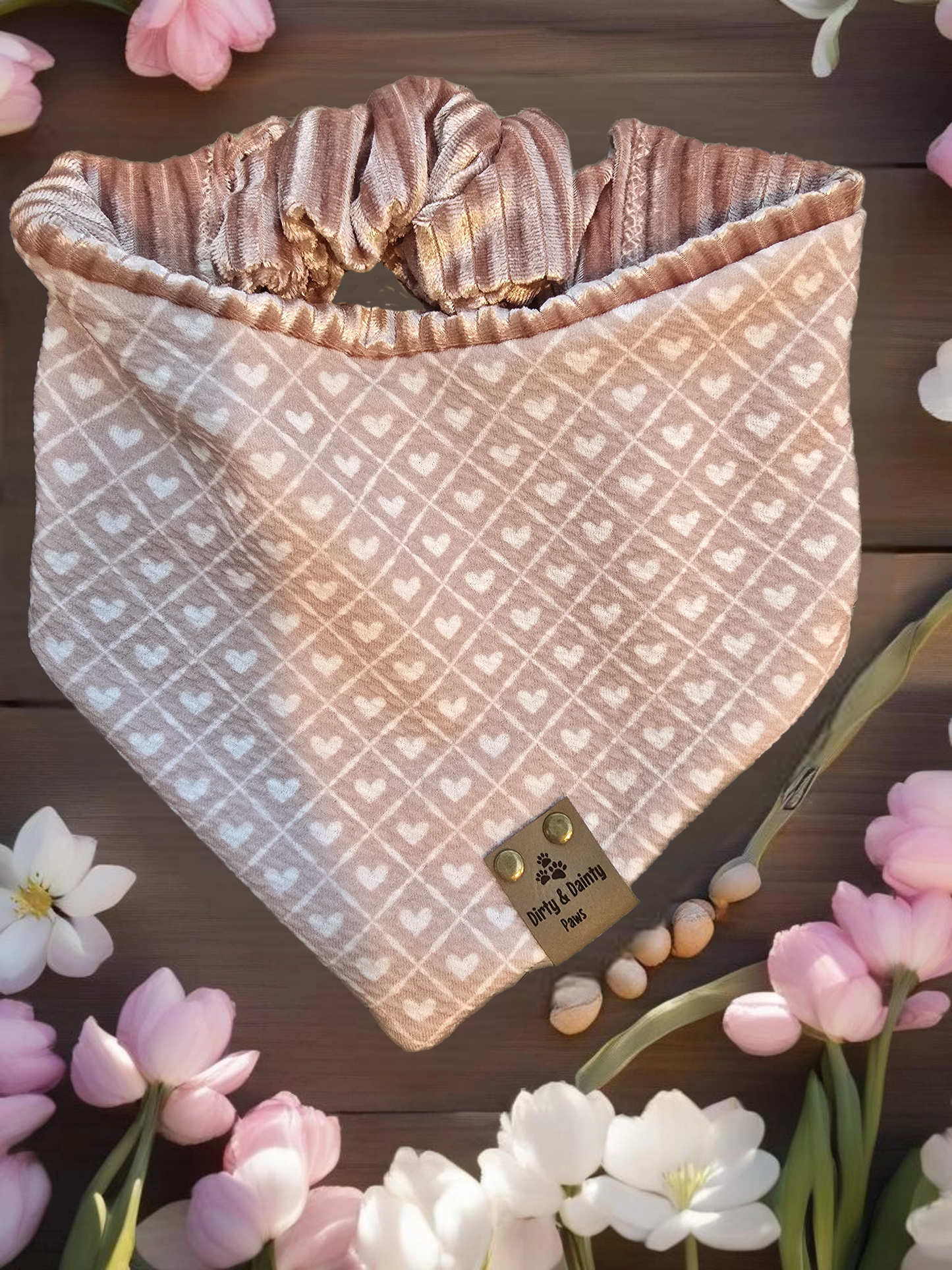 Neutral Spring Hearts Reversible Scrunchie Dog Bandana | Double-Sided Design
