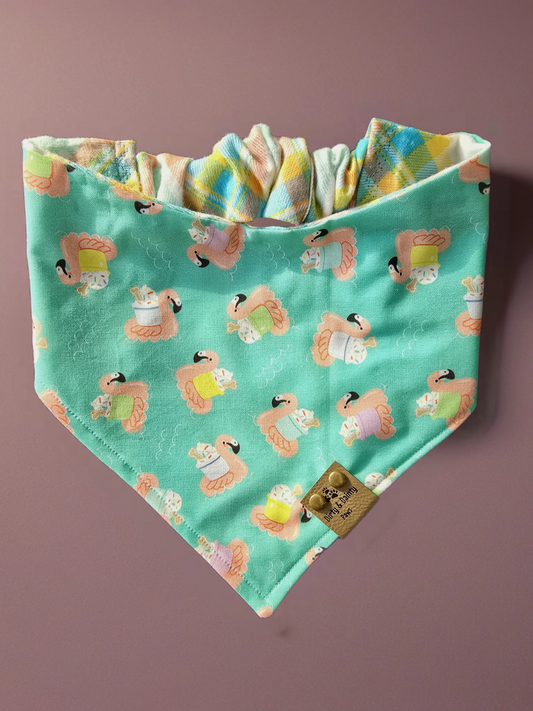 Flamingo Floaty Pup Cup/Summer Plaid Reversible Scrunchie Dog Bandana
