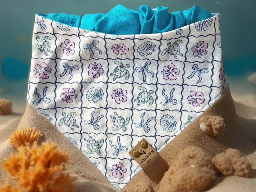 Sea Turtles/ Bows/ Shells Reversible Scrunchie Dog Bandana