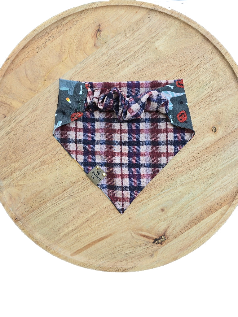 Dino Pumpkin Heads | Plaid ZoomieProof™ Reversible Scrunchie Dog Bandana