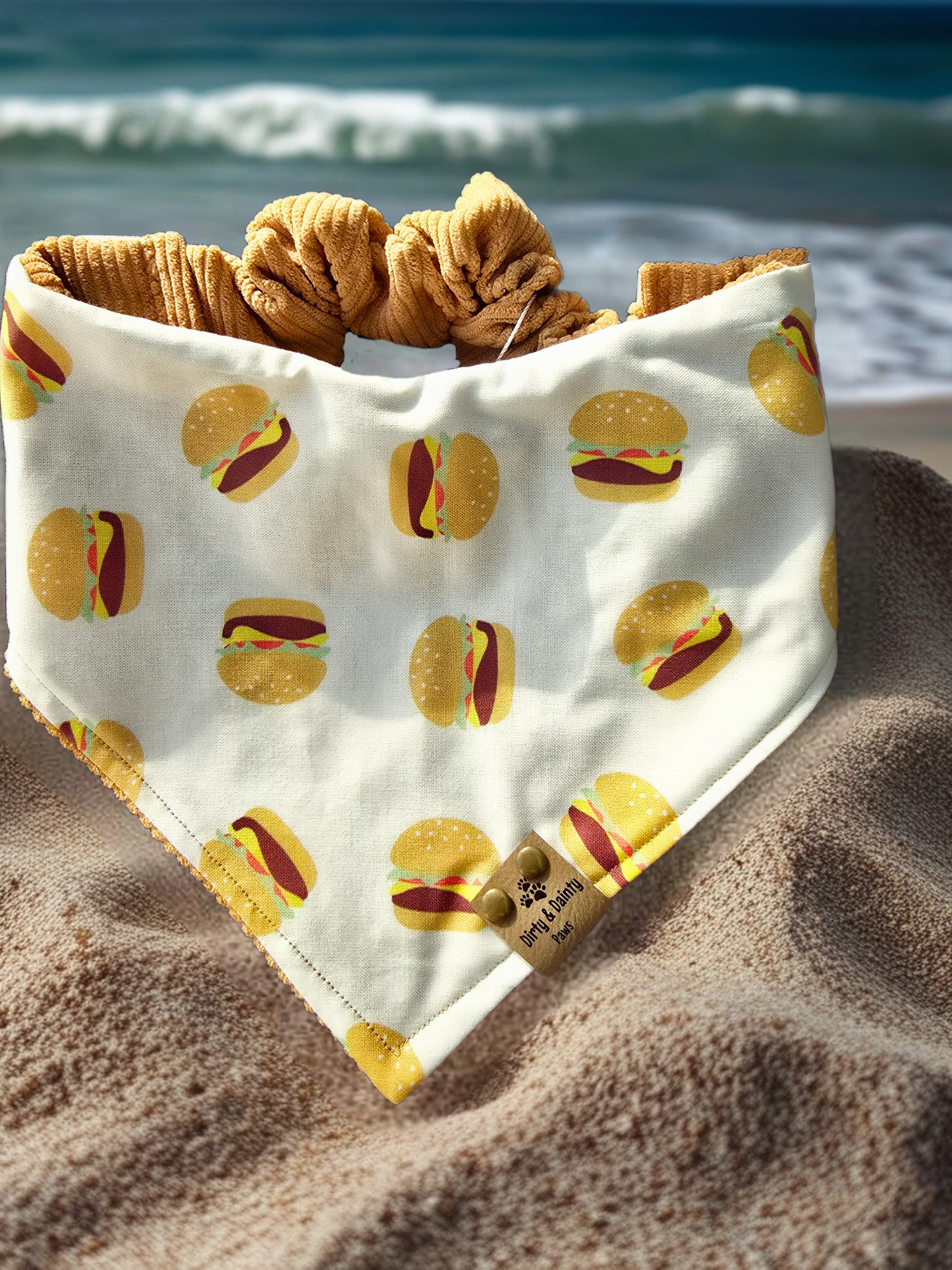 Hamburger/Corduroy Reversible Scrunchie Dog Bandana