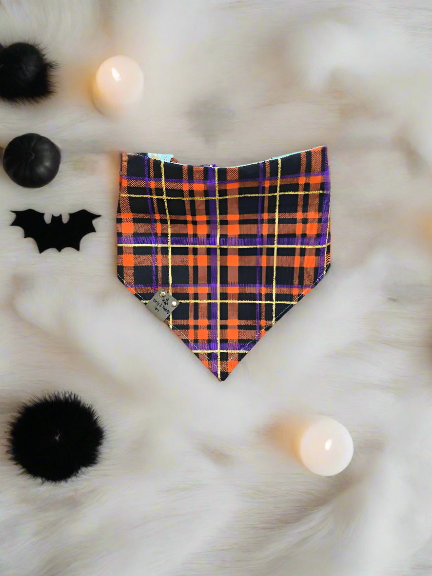 Pup Cup Halloween Pail| Halloween Plaid Cozy Cotton Reversible Scrunchie Dog Bandana