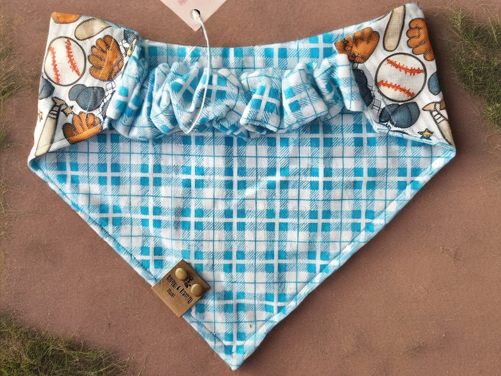 Ball Game/ Blue Plaid or Black classic bandana Reversible Scrunchie Dog Bandana