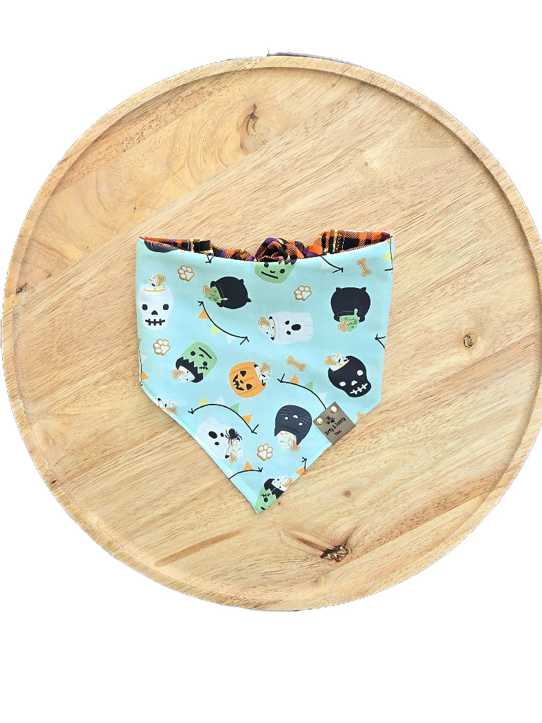 Pup Cup Halloween Pail| Halloween Plaid Cozy Cotton Reversible Scrunchie Dog Bandana