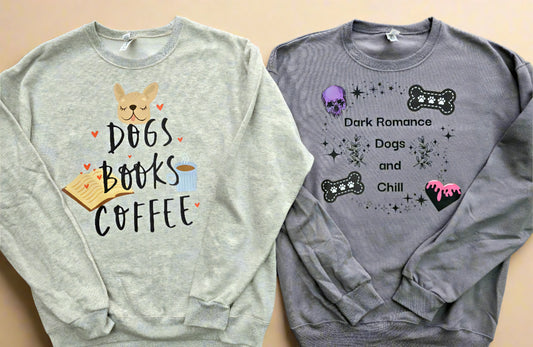 Heather Oatmeal sweatshirt featuring a cute Frenchie, an open book, and a steaming cup of coffee with “Dogs, Books, Coffee” text.