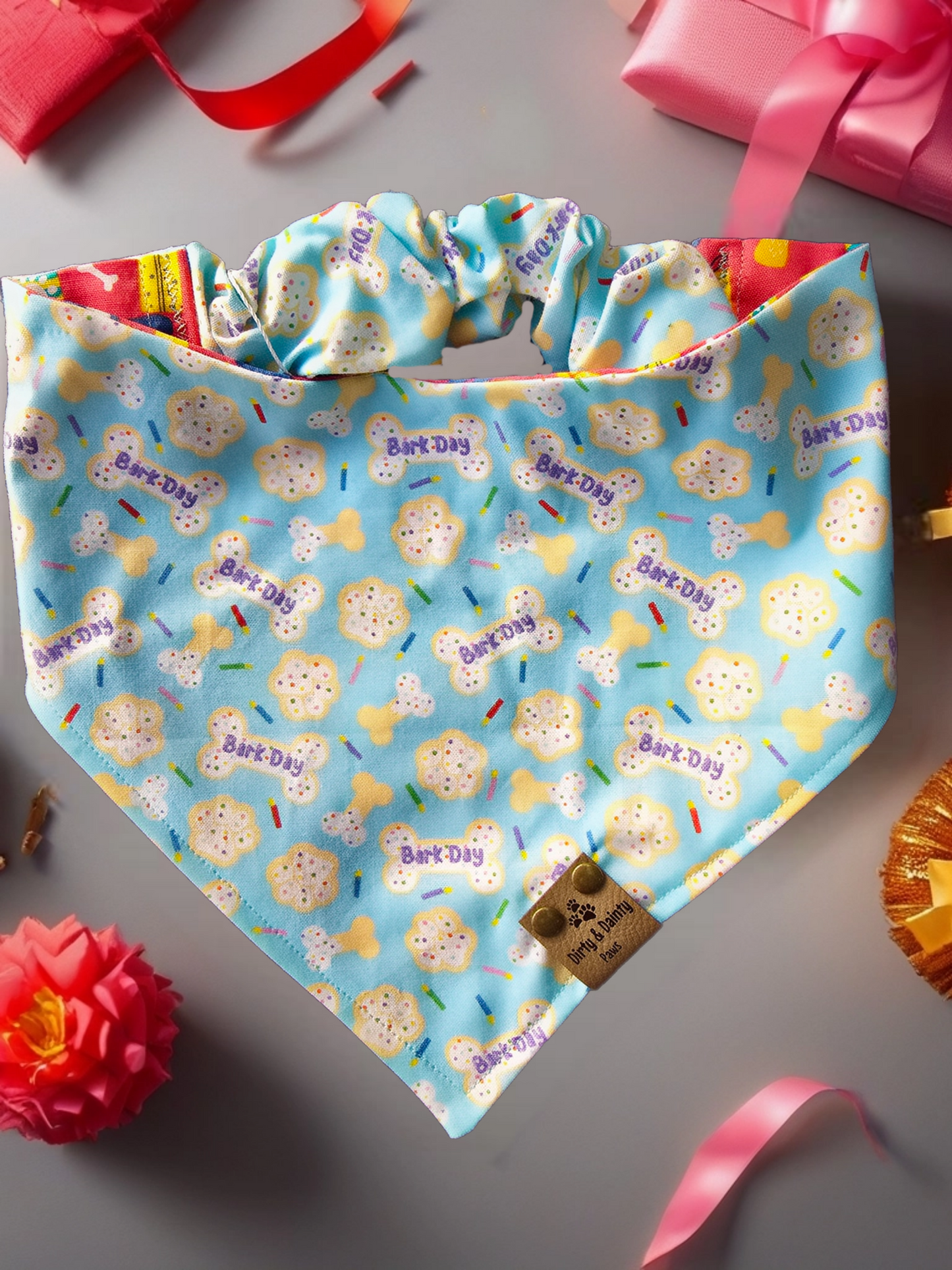 Barkday pink/Blue Reversible Scrunchie Dog Bandana