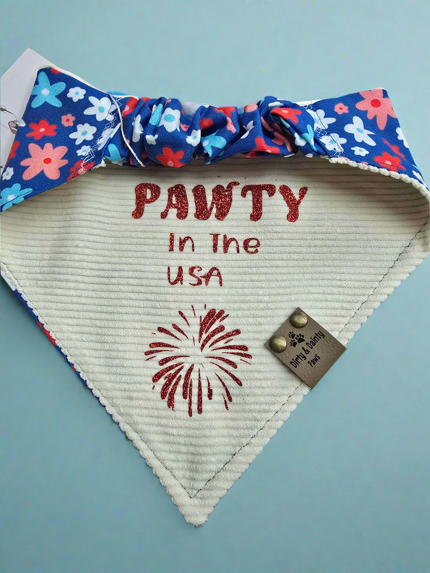 Pawty In the USA/Red, White and Blue flowers Reversible Scrunchie Dog Bandana