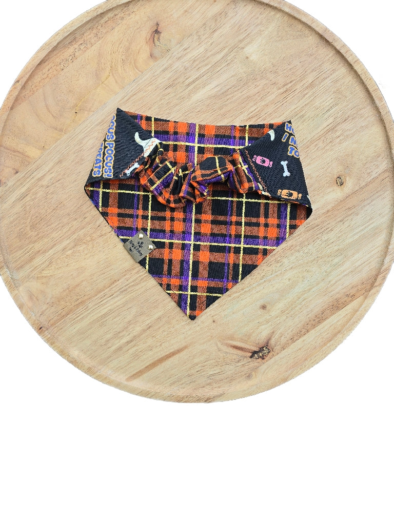 Hocus Pocus I Need Treats To Focus| Halloween Plaid Cozy Cotton Reversible Scrunchie Dog Bandana