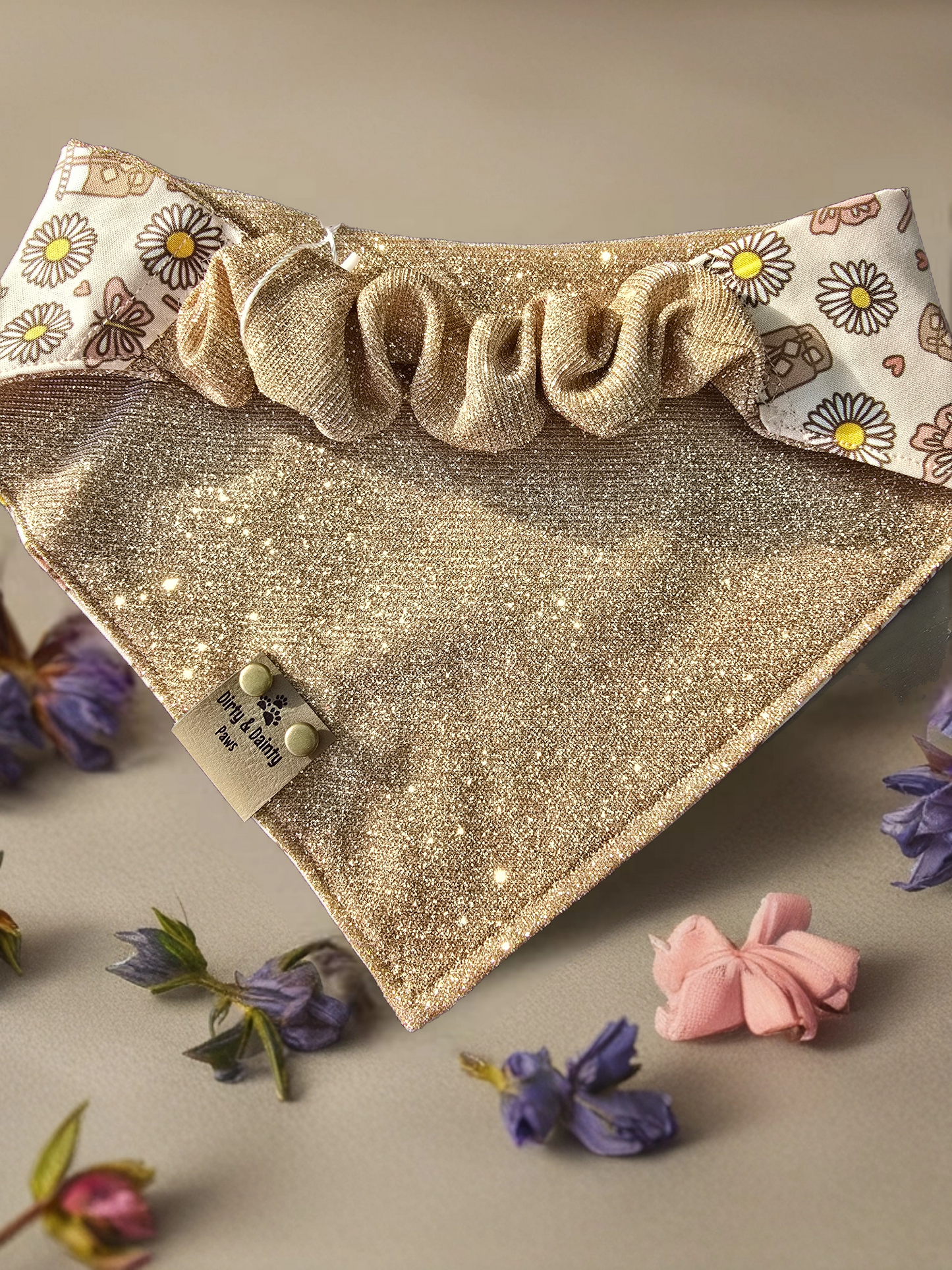 Summer Iced Coffee &Butterflies/Rose Gold Shimmer Color Shift Reversible Scrunchie Dog Bandana