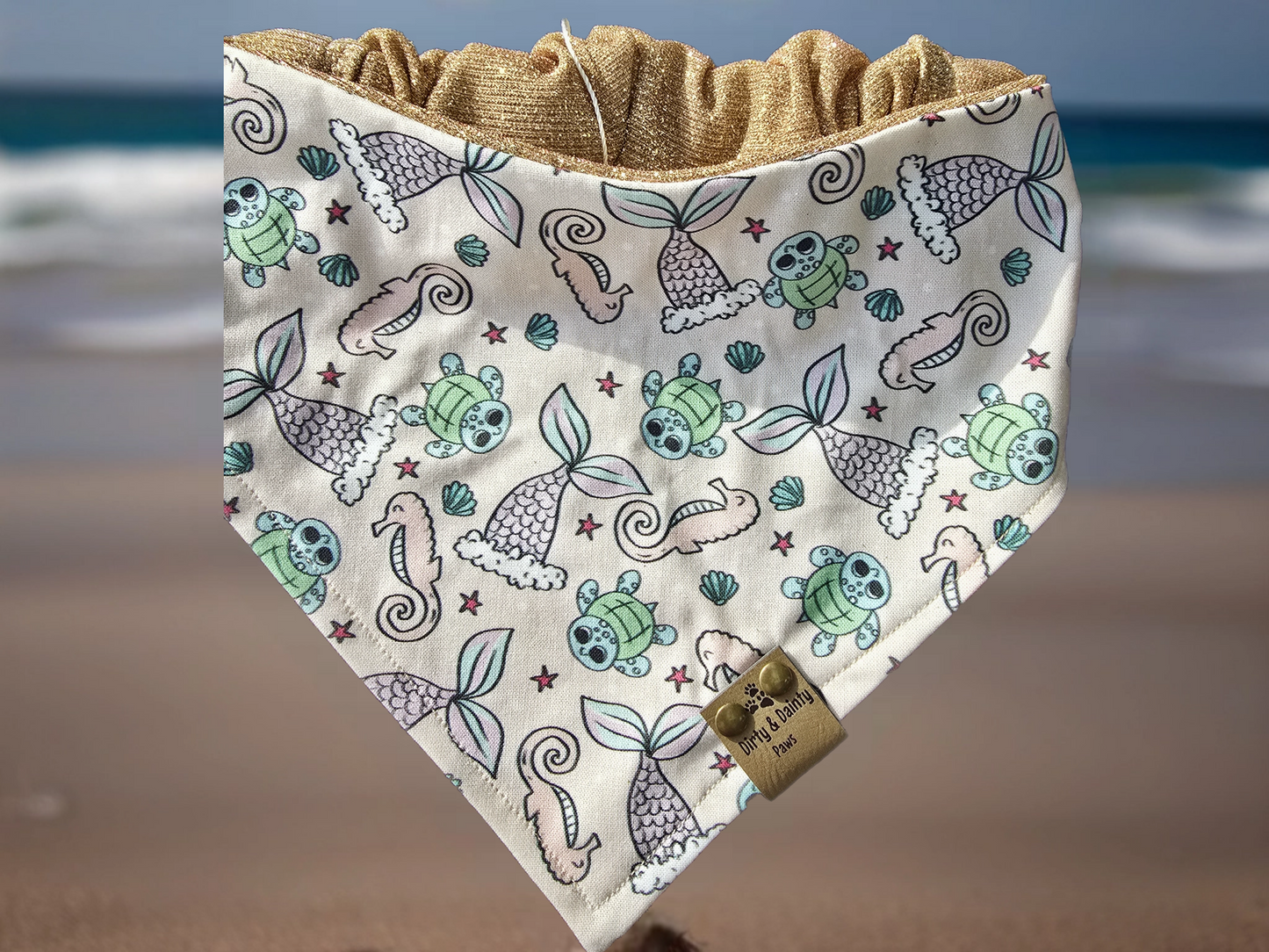 Sea Turtles, Mermaids, Oh My/Rose Gold Shimmer Color Shift Reversible Scrunchie Dog Bandana