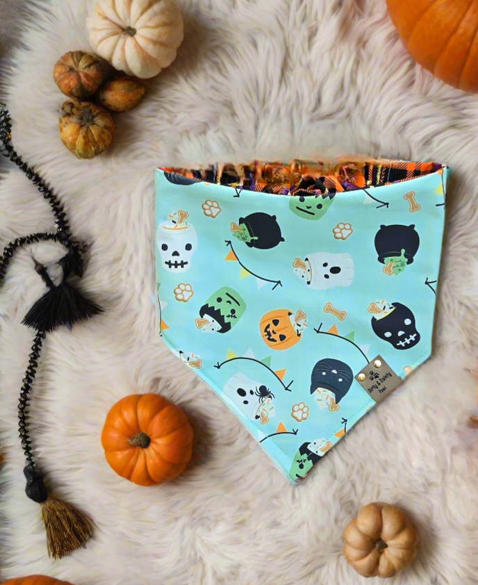 Pup Cup Halloween Pail| Halloween Plaid Cozy Cotton Reversible Scrunchie Dog Bandana