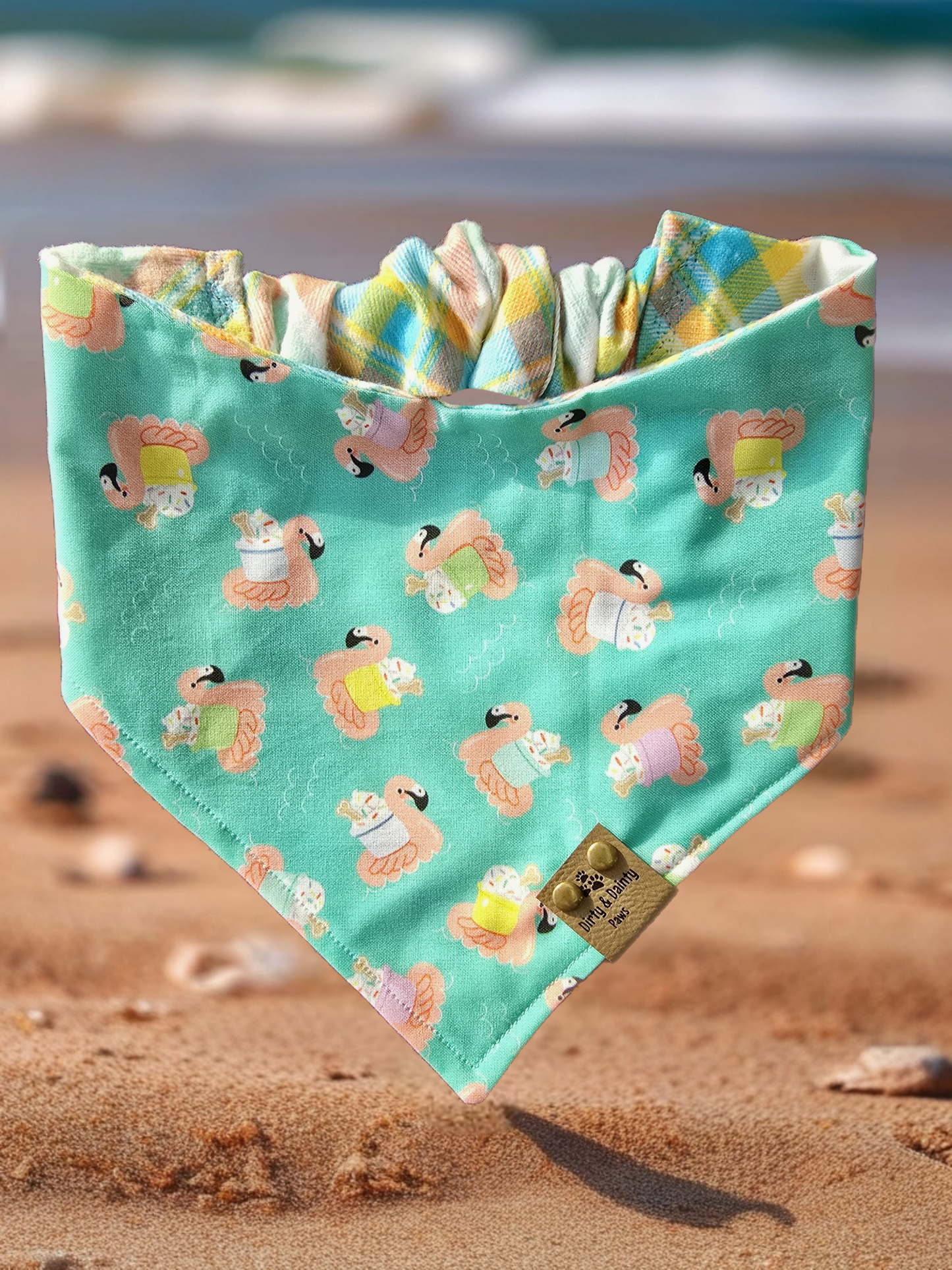 Flamingo Floaty Pup Cup/Summer Plaid Reversible Scrunchie Dog Bandana