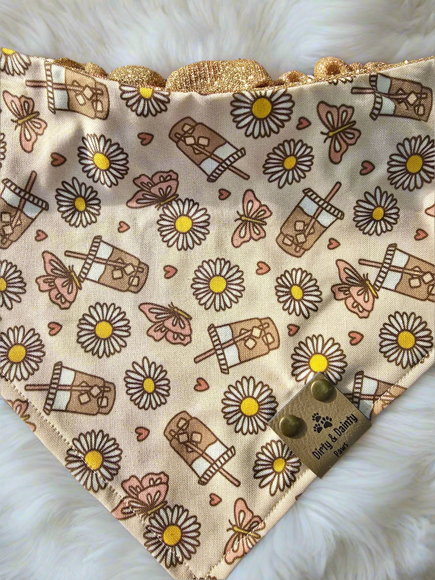 Summer Iced Coffee &Butterflies/Rose Gold Shimmer Color Shift Reversible Scrunchie Dog Bandana
