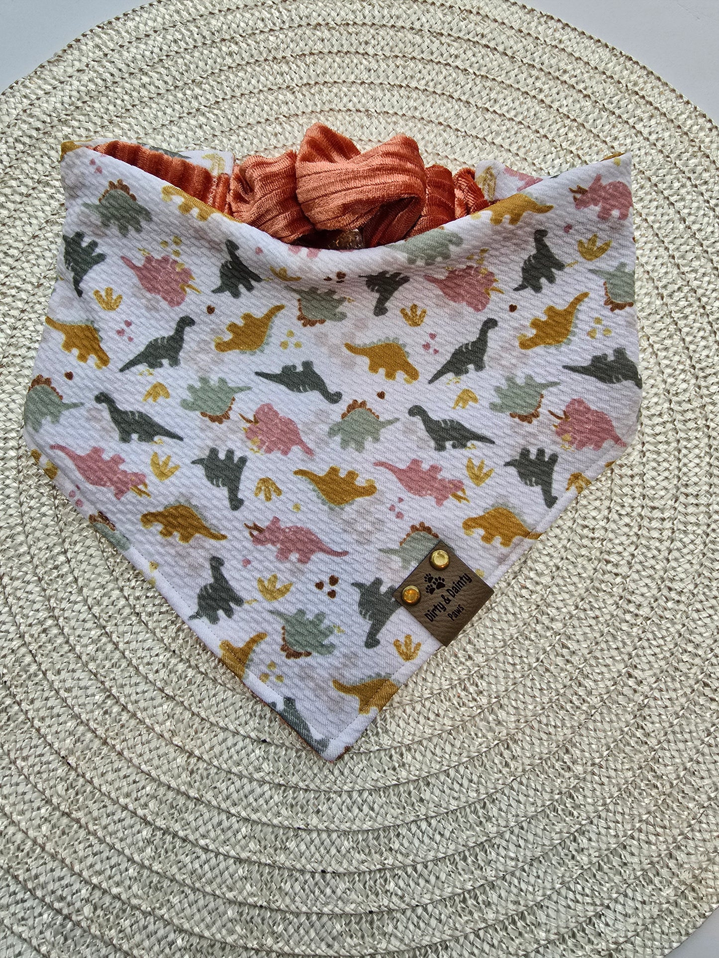 Neutral Spring Dinos & Rust Corduroy Reversible Scrunchie Dog Bandana