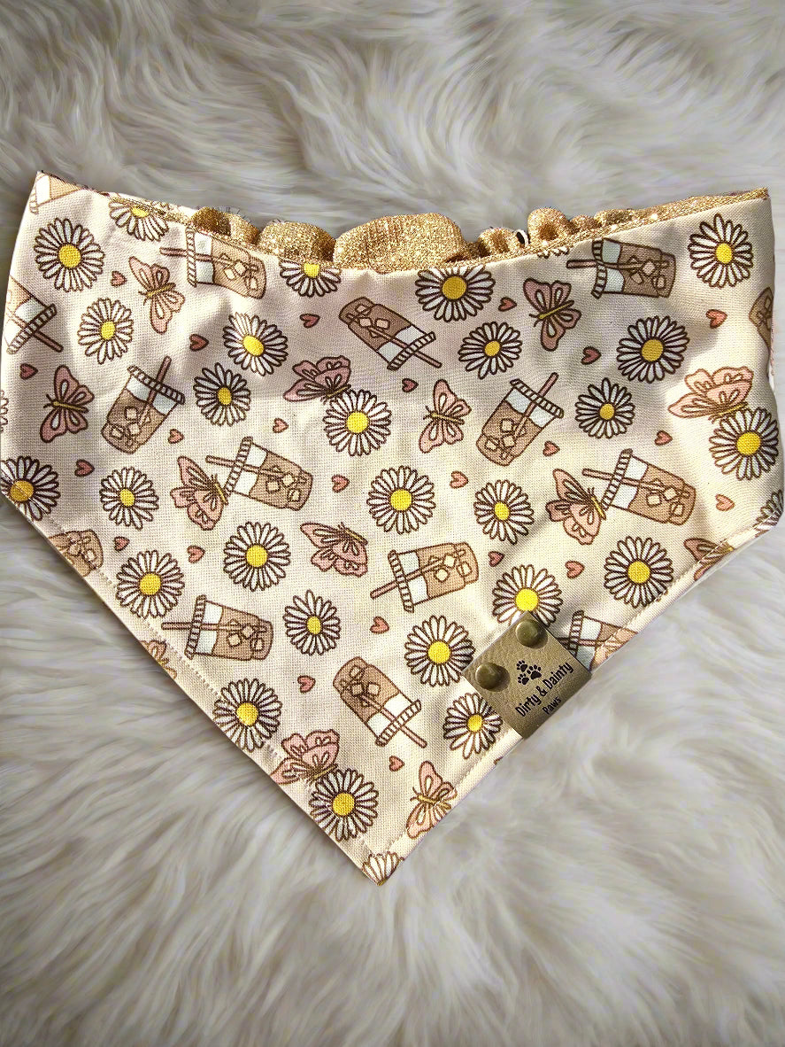 Summer Iced Coffee &Butterflies/Rose Gold Shimmer Color Shift Reversible Scrunchie Dog Bandana