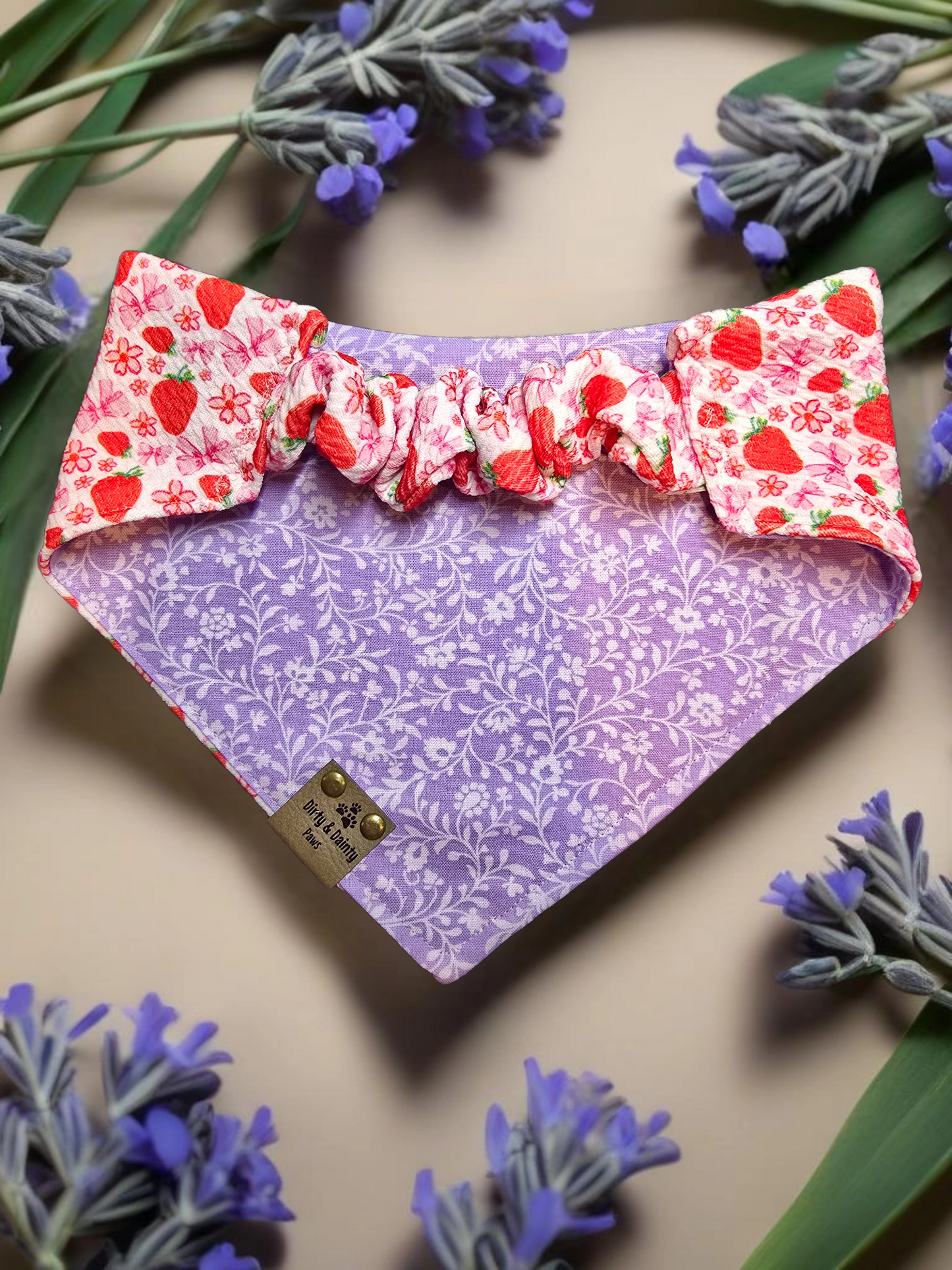 Strawberries and Bows/ Purple Flowers Reversible Scrunchie Dog Bandana