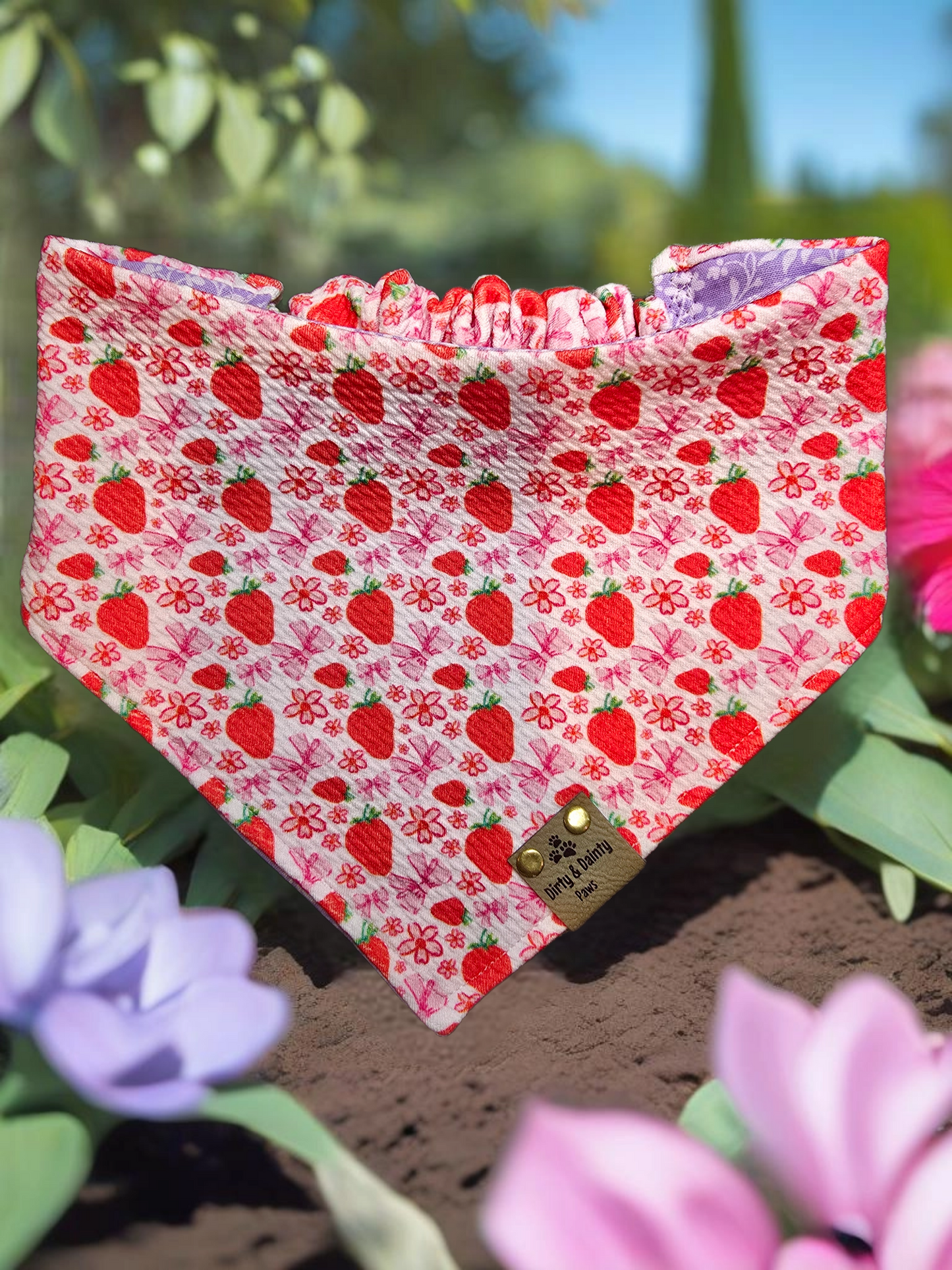 Strawberries and Bows/ Purple Flowers Reversible Scrunchie Dog Bandana