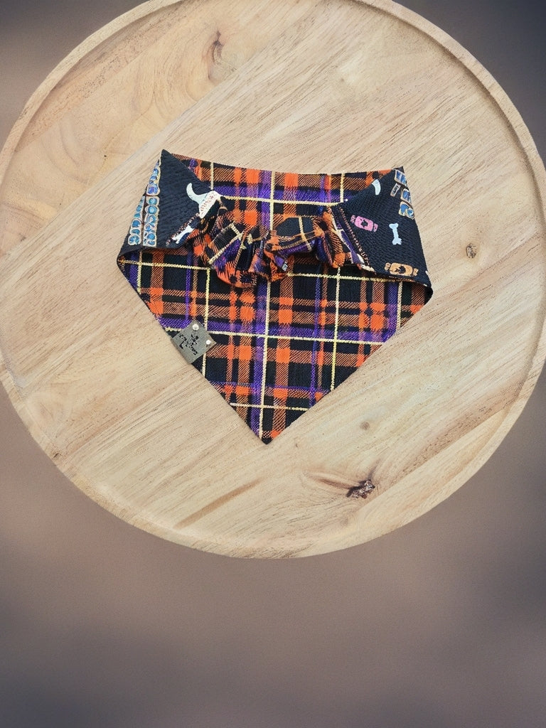 Hocus Pocus I Need Treats To Focus| Halloween Plaid Cozy Cotton Reversible Scrunchie Dog Bandana