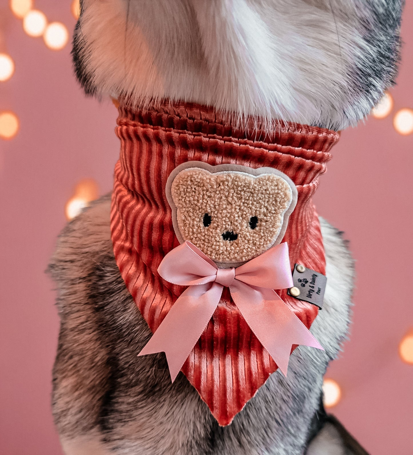 Rust Corduroy Scrunchie Dog Bandana with Embroidered Teddy Bear & Pink Bow