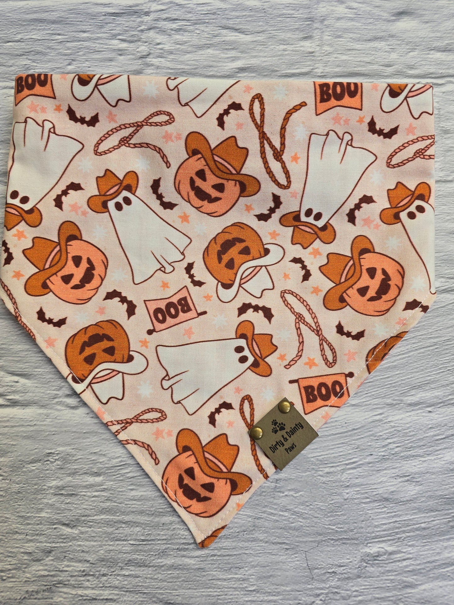 Western Boho Ghosts And Pumpkins / Pink Checkers Reversible Scrunchie Dog Bandana - Stylish & Comfortable