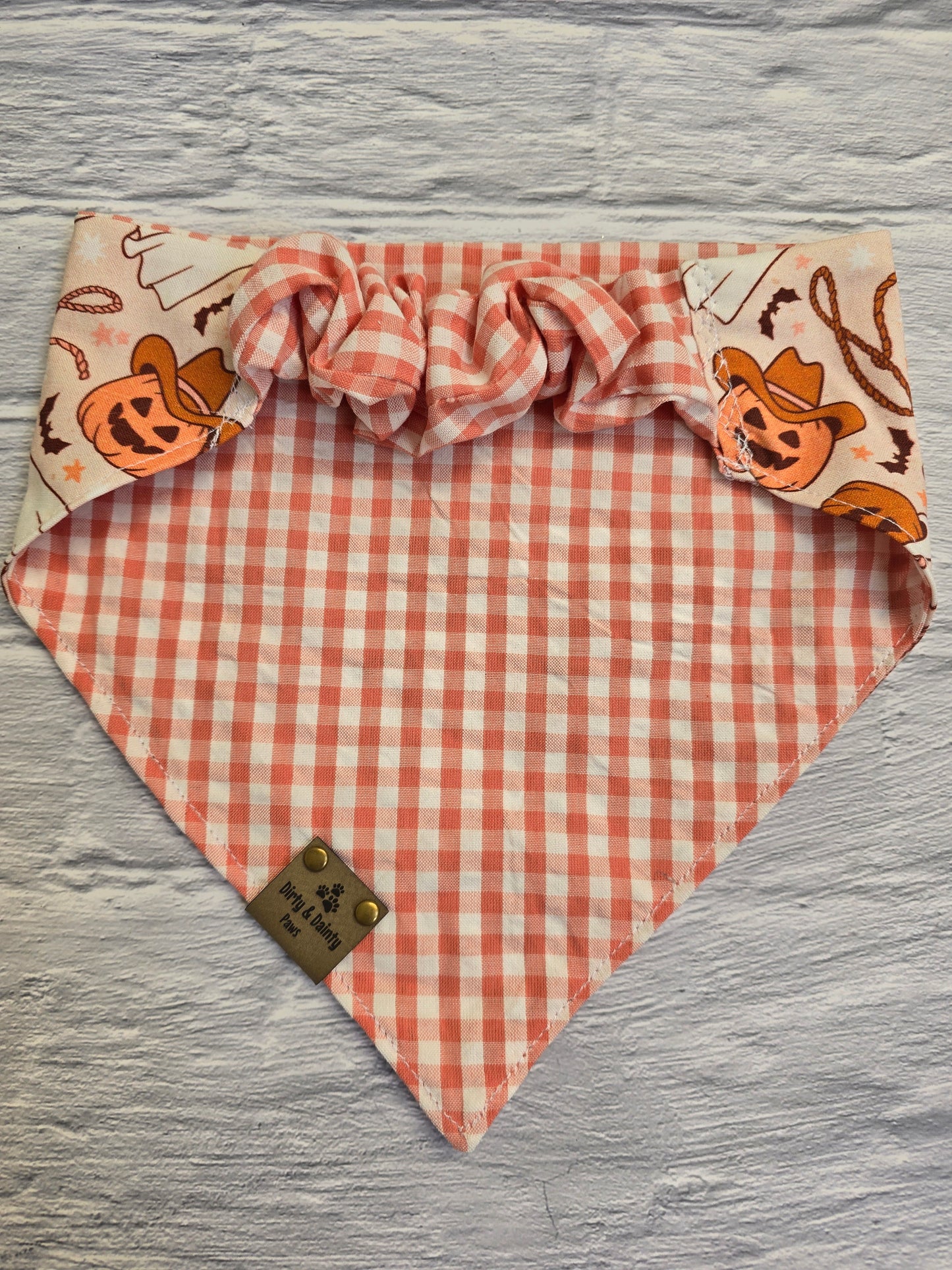 Western Boho Ghosts And Pumpkins / Pink Checkers Reversible Scrunchie Dog Bandana - Stylish & Comfortable