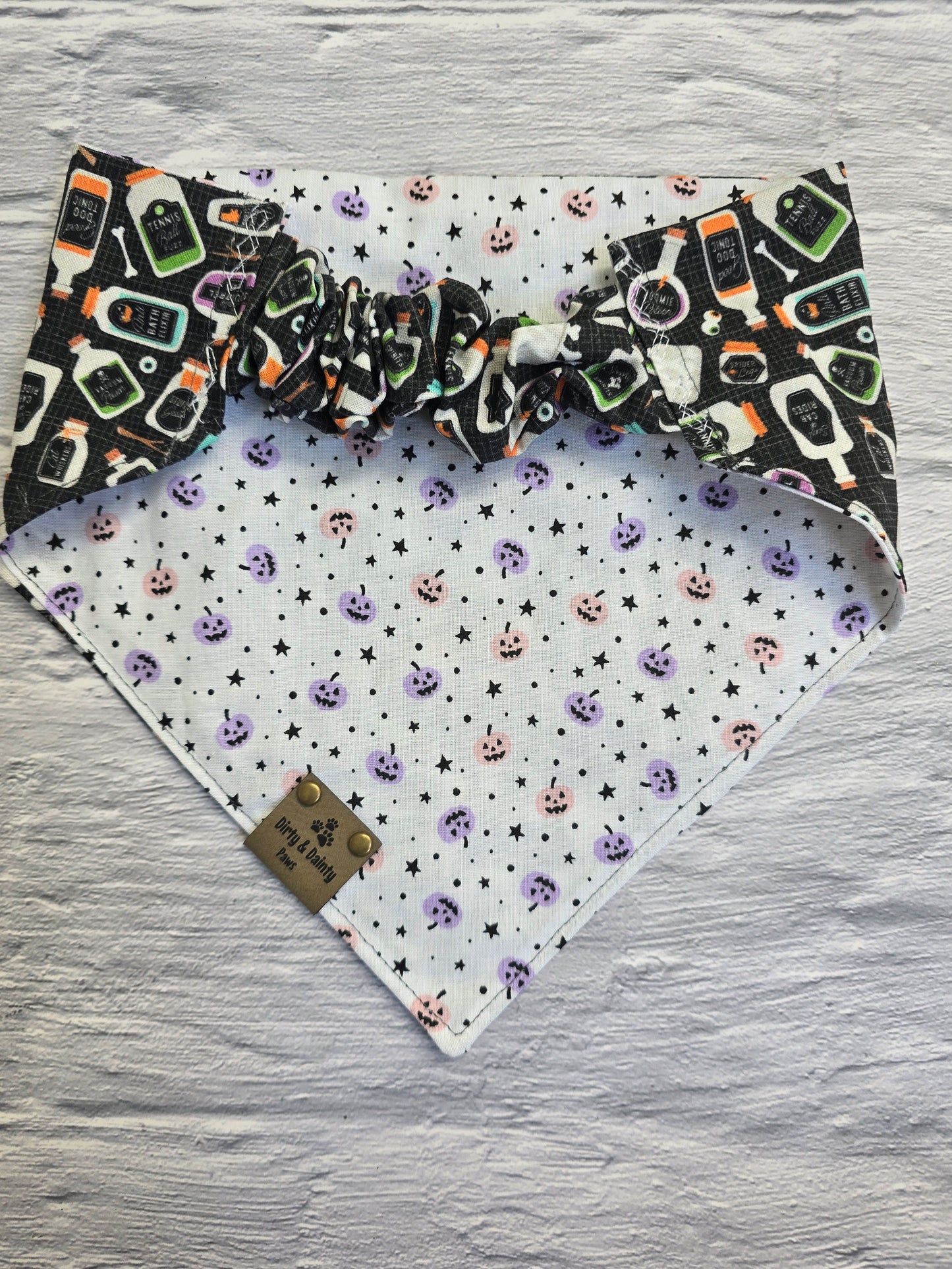 Dog Potions & Pink/Purple Mini Pumpkins Reversible Scrunchie Dog Bandana - High-Quality, Easy Slip-On