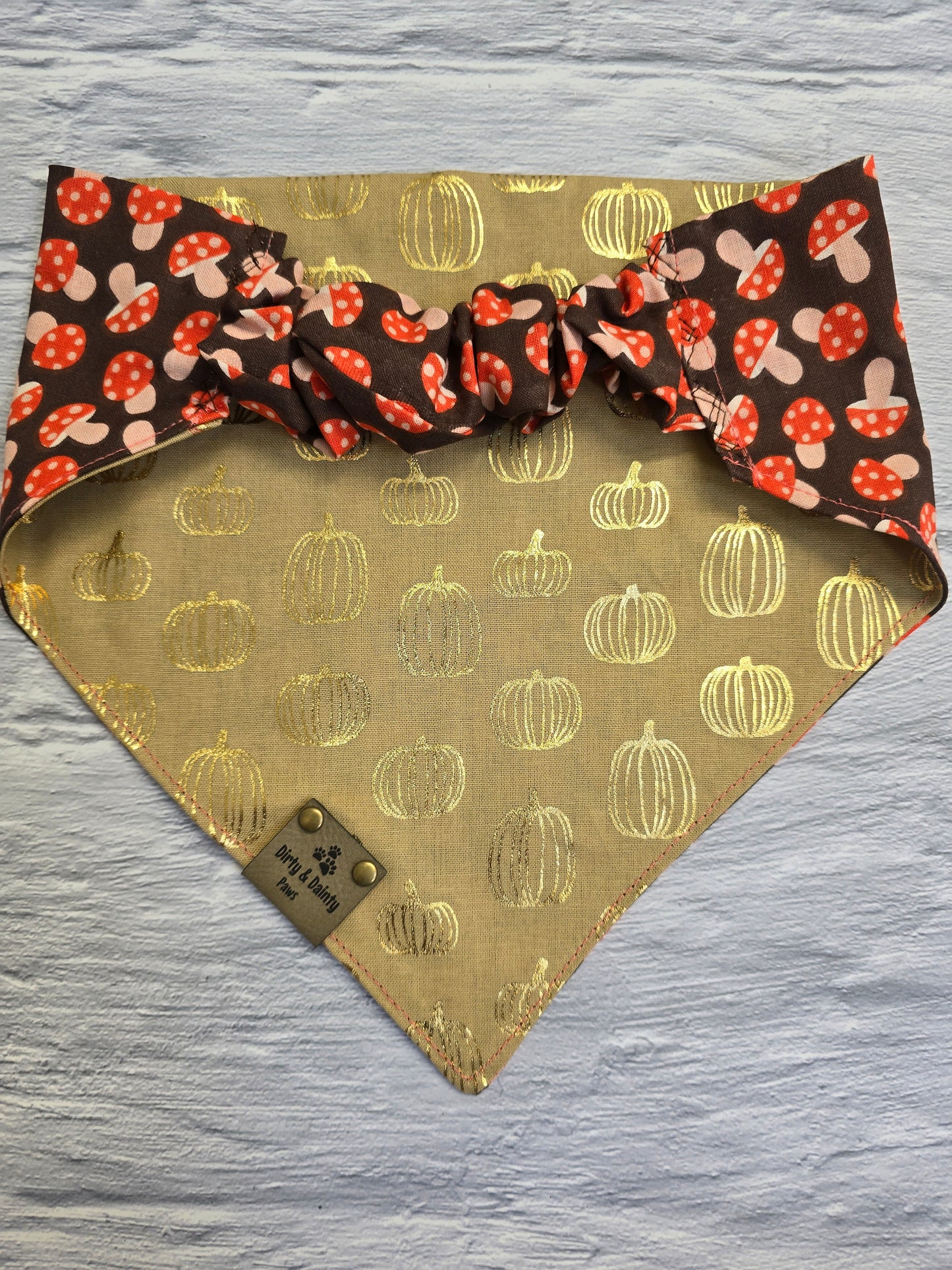 Mushies & Foil Pumpkins Reversible Scrunchie Dog Bandana - Autumn Glimmer