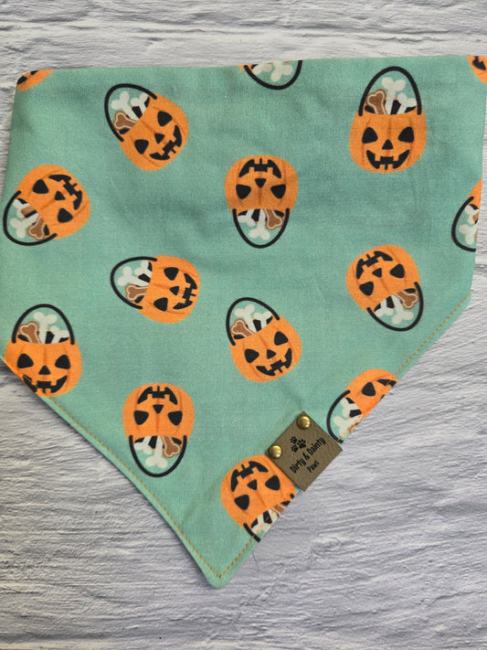 Pumpkin Treat Pail & Fall Plaid Reversible Scrunchie Dog Bandana - Perfect Autumn Style