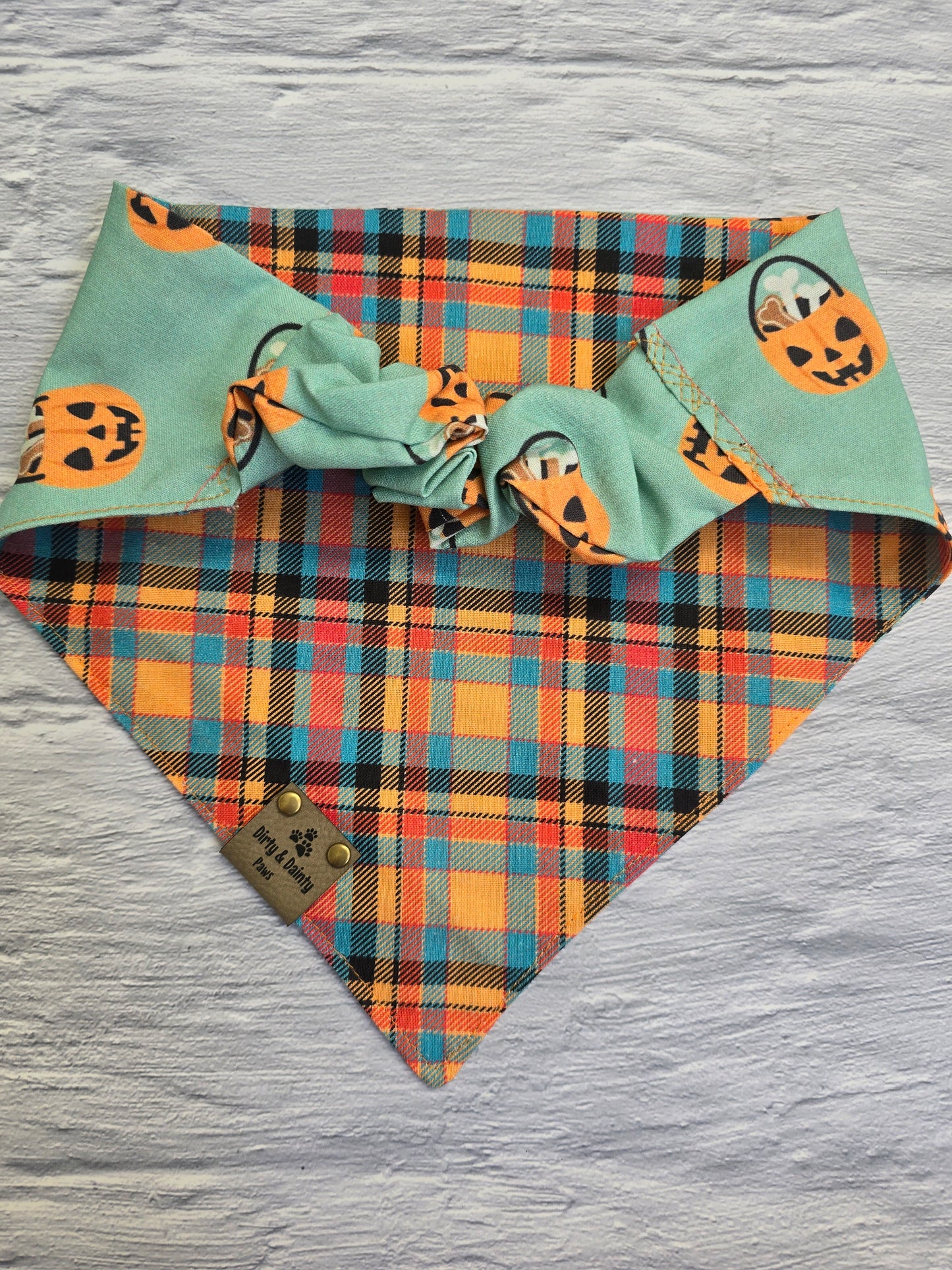 Pumpkin Treat Pail & Fall Plaid Reversible Scrunchie Dog Bandana - Perfect Autumn Style