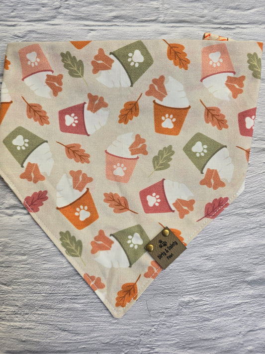 Reversible side of the fall-themed dog bandana showcasing a playful print of autumn treats like donuts, coffee cups, and pumpkin spice lattes.