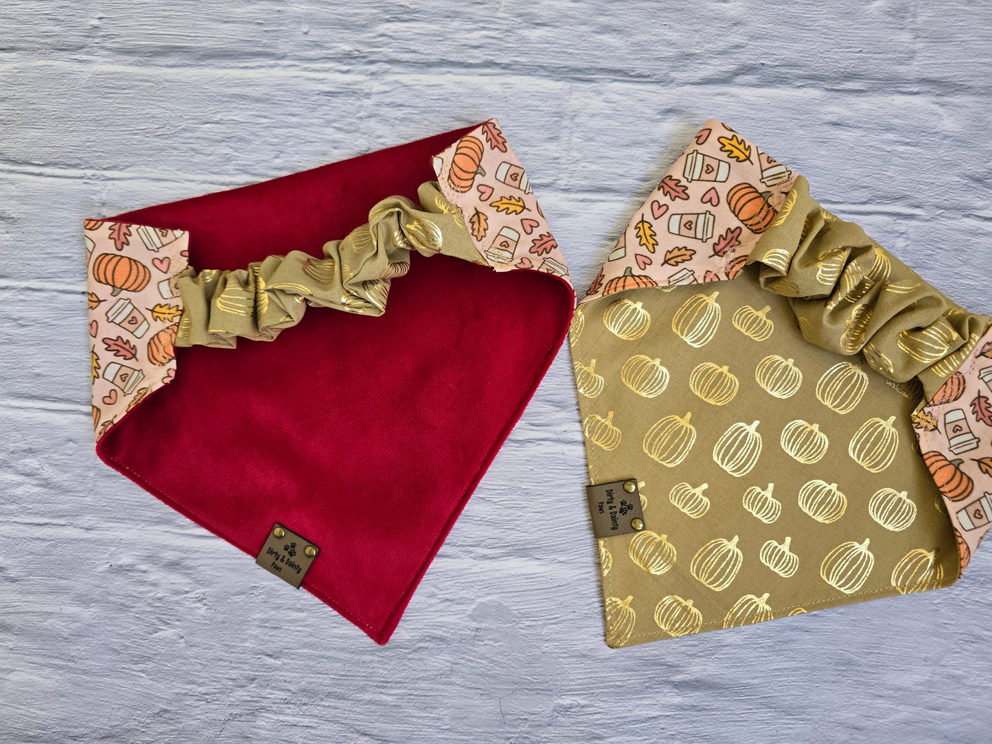 Pumpkins and Coffee/Gold Foil Pumpkins Reversible Scrunchie Dog Bandana