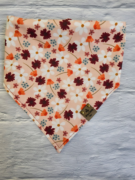 reversible bandana with an Autumn Floral print and a Cozy Floral Ribbed pattern from Dirty and Dainty Paws. Colors pink, Burgundy,  red, orange