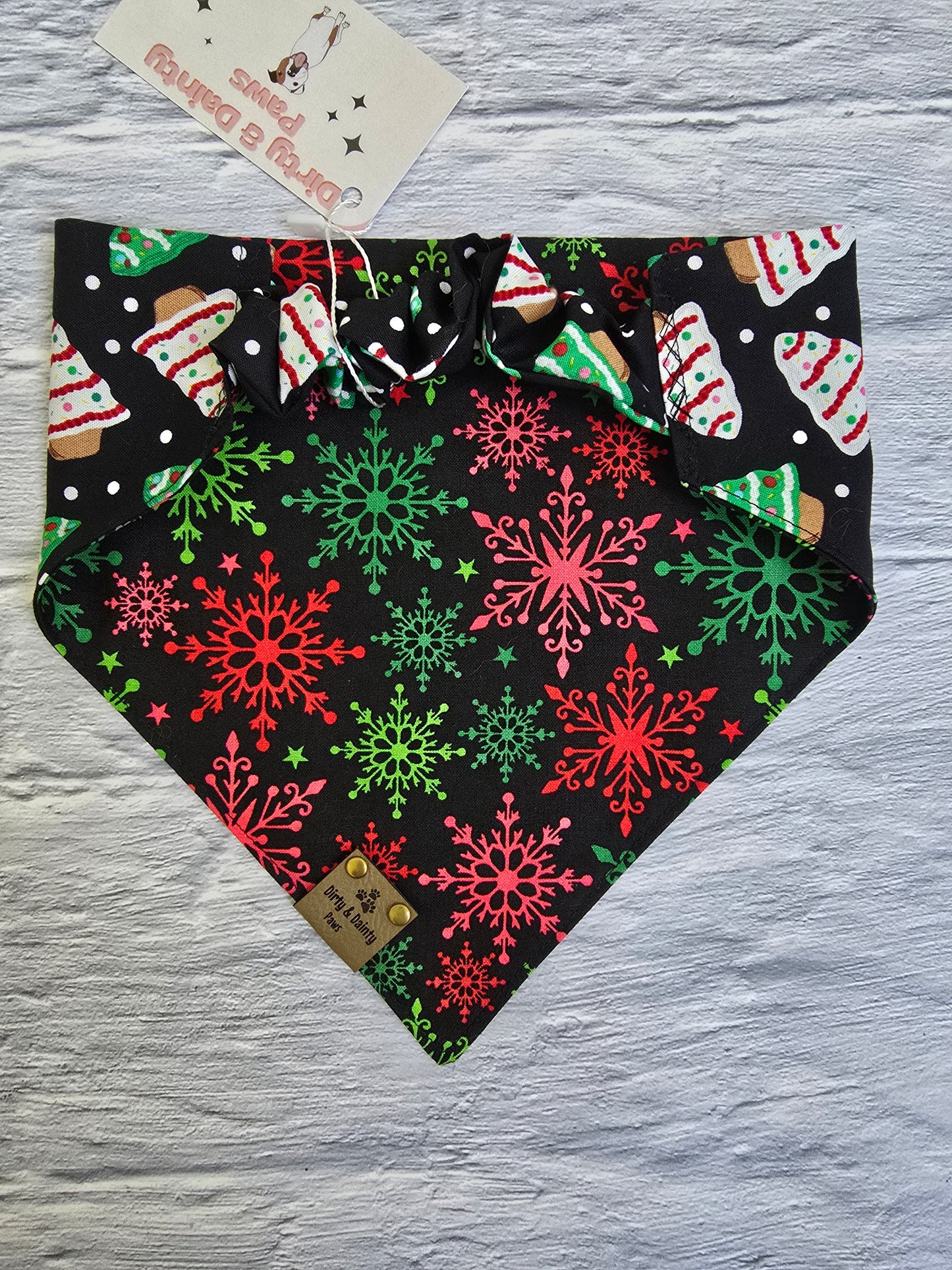 Christmas Tree / Red & Green Snowflakes Reversible Scrunchie Dog Bandana