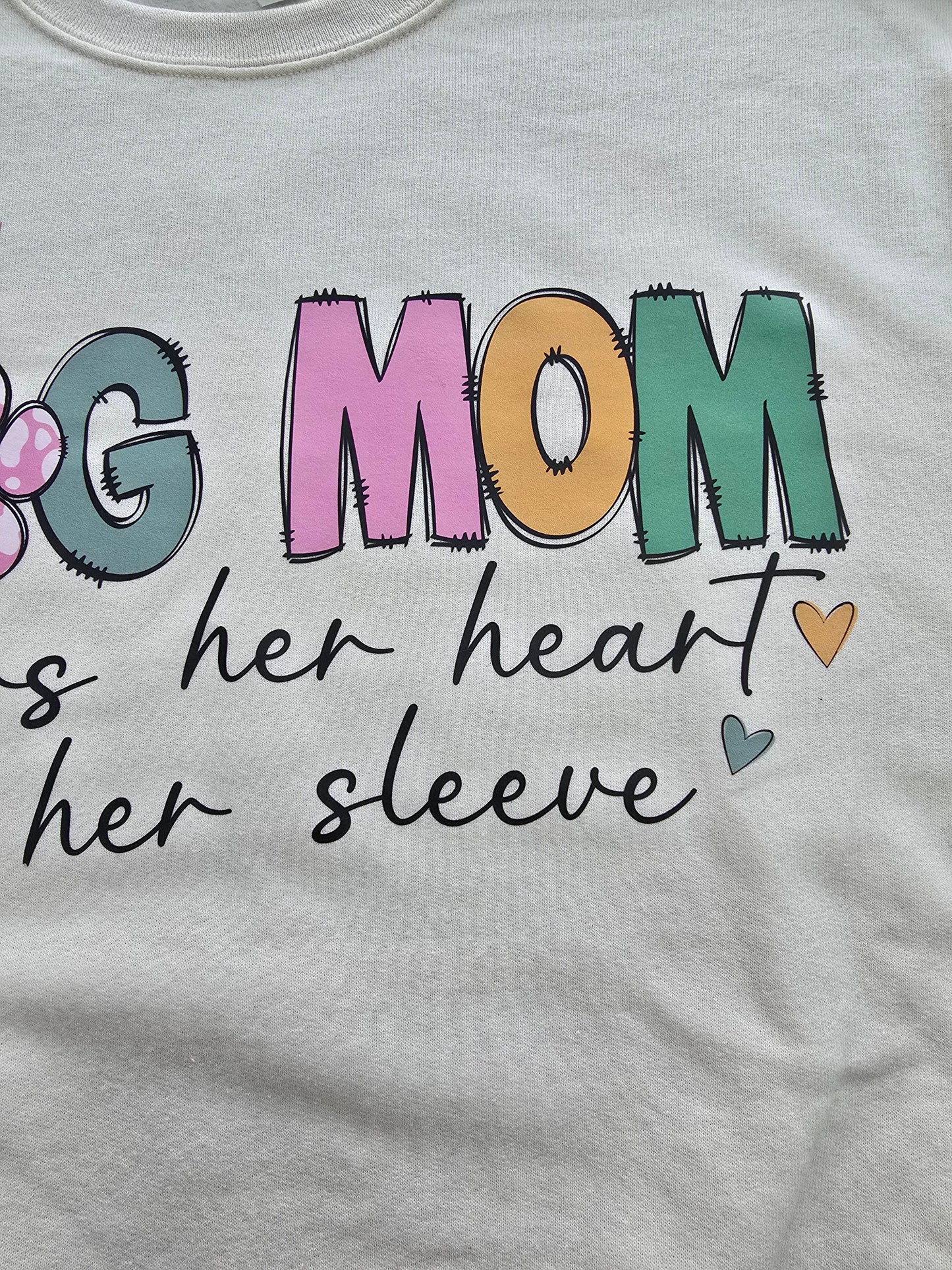 Custom Dog Mom Sweatshirt with "This Dog Mom Wears Her Heart on Her Sleeve" design and personalized paw prints on sleeve