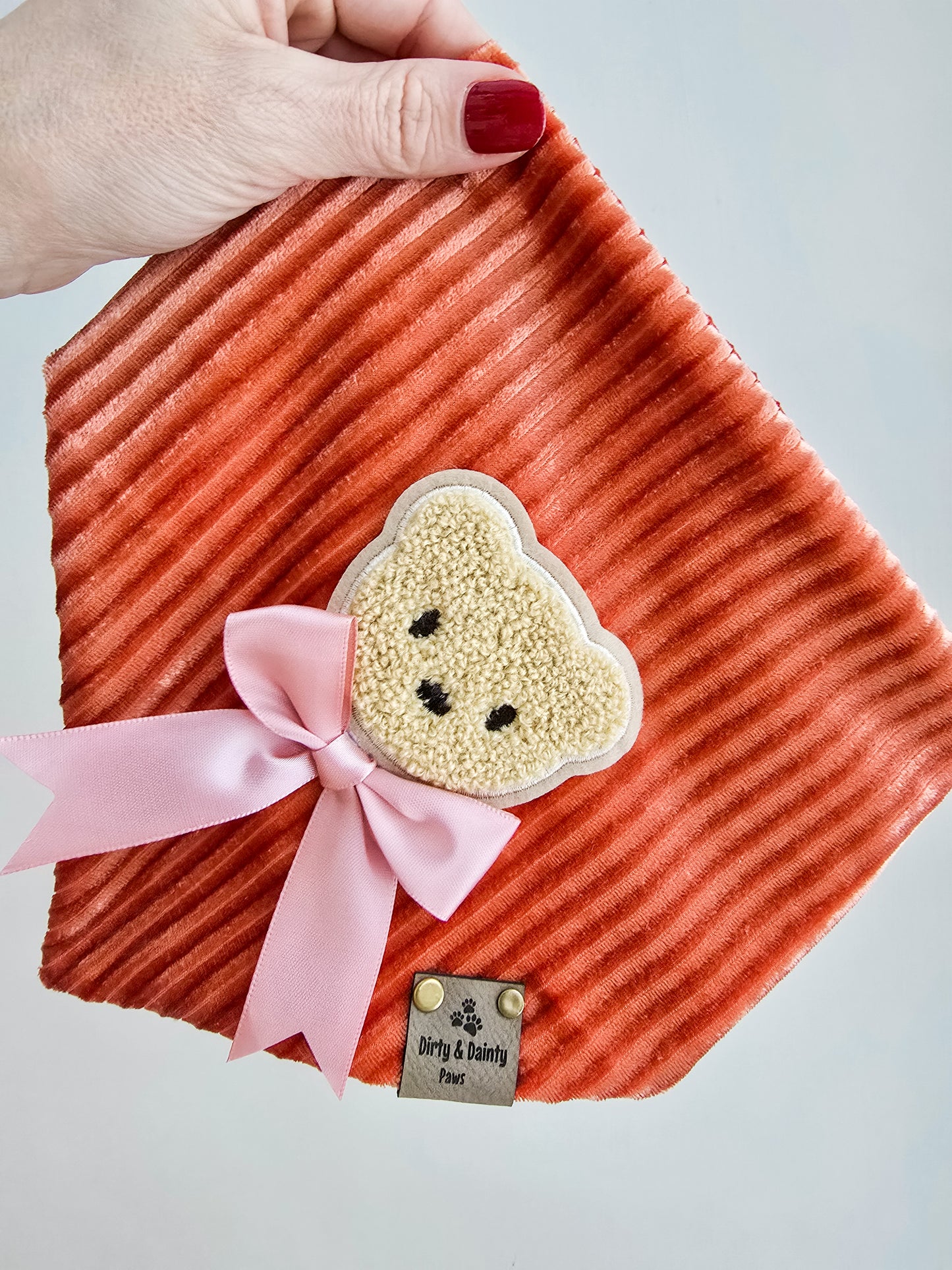 Rust Corduroy Scrunchie Dog Bandana with Embroidered Teddy Bear & Pink Bow