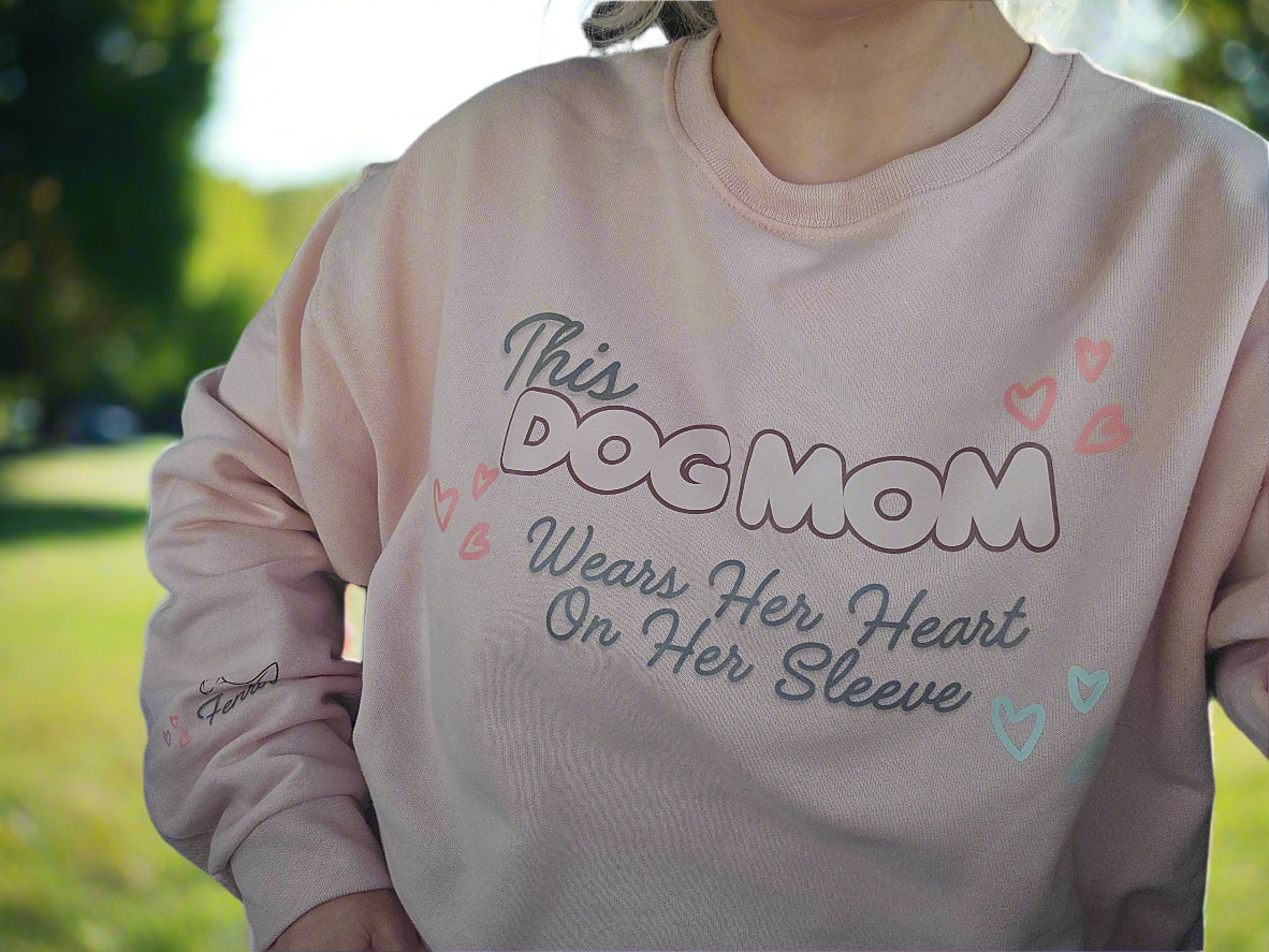 This Dog Mom Wears Her Heart on Her Sleeve -ADD YOUR DOGS NAME AND EAR OUTLINE  Personalized Crewneck Sweatshirt