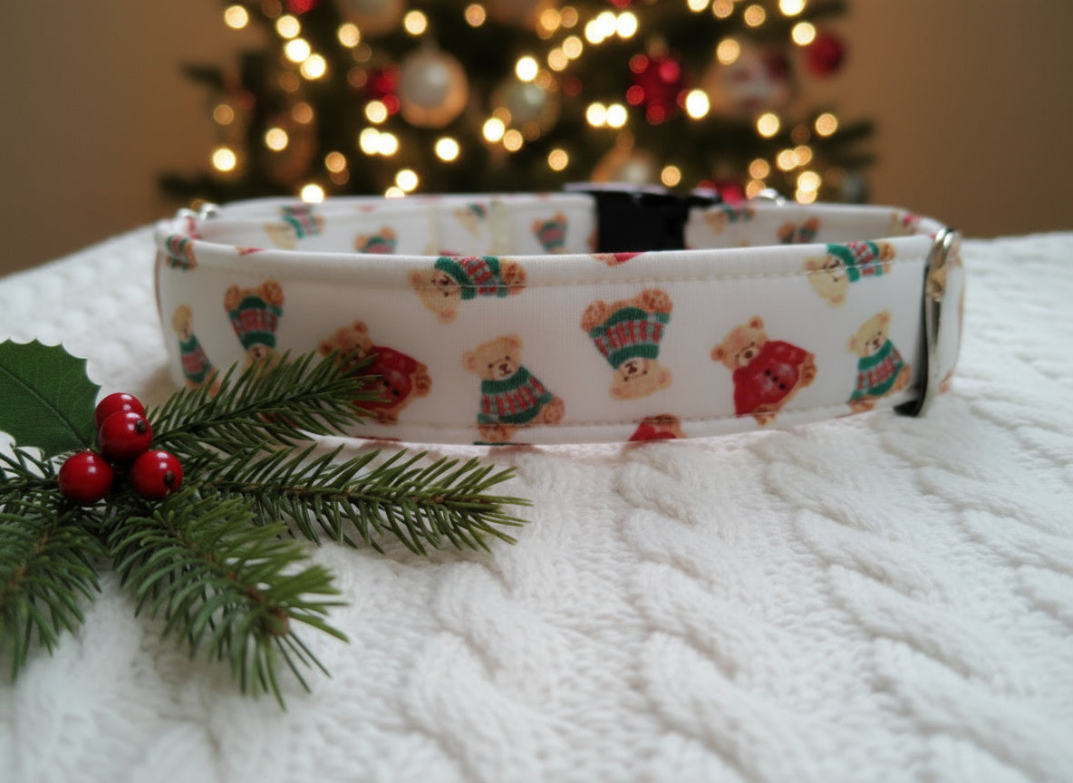Cozy Teddy Bear  Neoprene Dog Collars | Durable Holiday Collars by Dirty & Dainty Paws