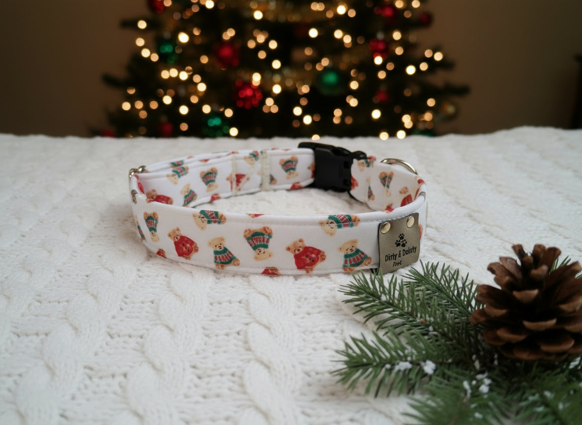 Cozy Teddy Bear  Neoprene Dog Collars | Durable Holiday Collars by Dirty & Dainty Paws