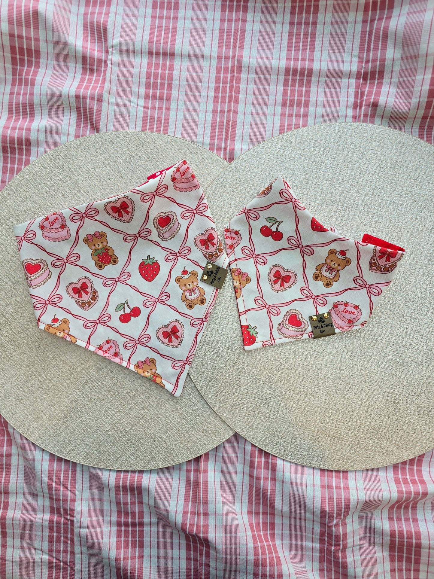 Teddy Bears, Chocolates & Mini Hearts| Cozy Cotton Reversible Scrunchie Dog Bandana –