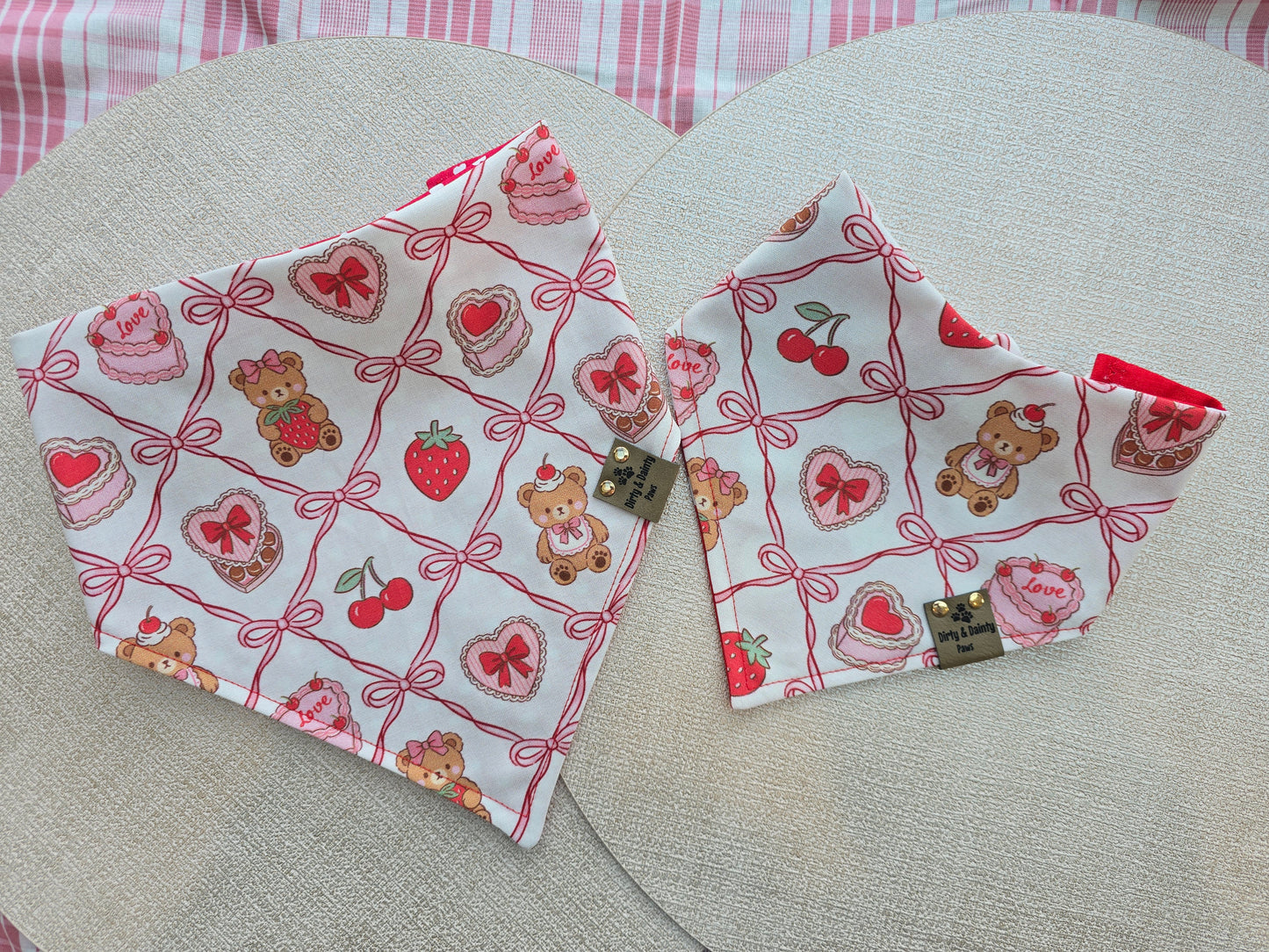 Teddy Bears, Chocolates & Mini Hearts| Cozy Cotton Reversible Scrunchie Dog Bandana –