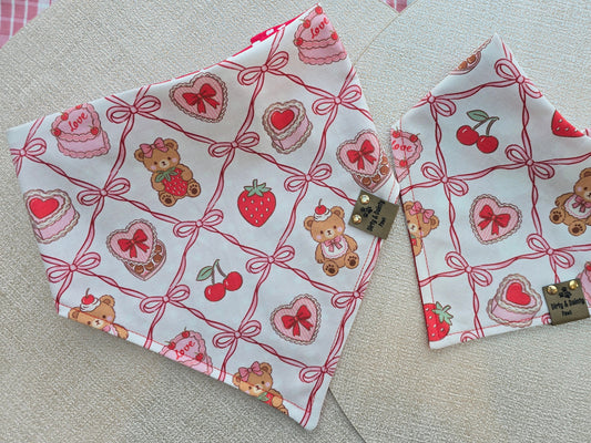 Teddy Bears, Chocolates & Mini Hearts| Cozy Cotton Reversible Scrunchie Dog Bandana –