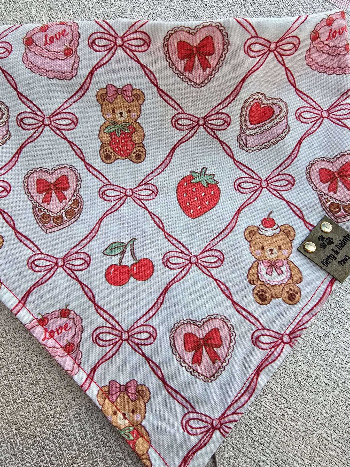 Teddy Bears, Chocolates & Mini Hearts| Cozy Cotton Reversible Scrunchie Dog Bandana –