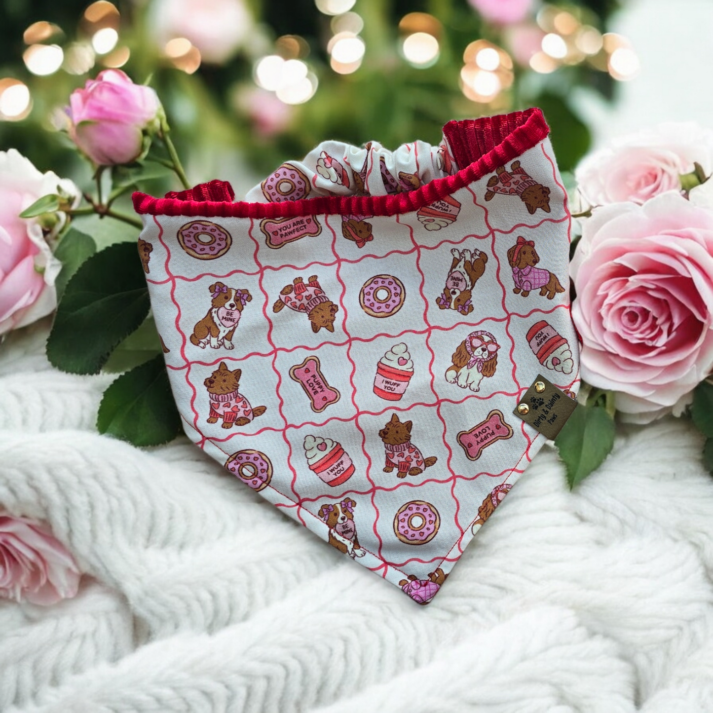 Puppy Love & Red Velvet Corduroy| Cozy Cotton Reversible Scrunchie Dog Bandana