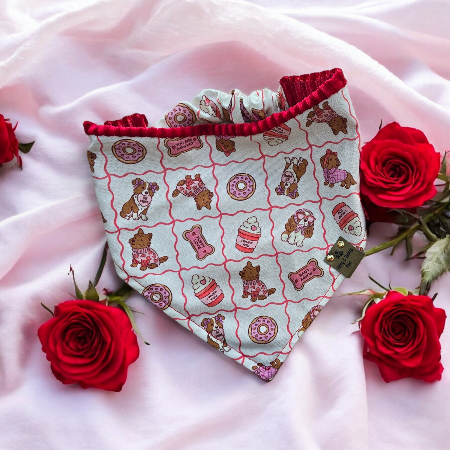 Puppy Love & Red Velvet Corduroy| Cozy Cotton Reversible Scrunchie Dog Bandana