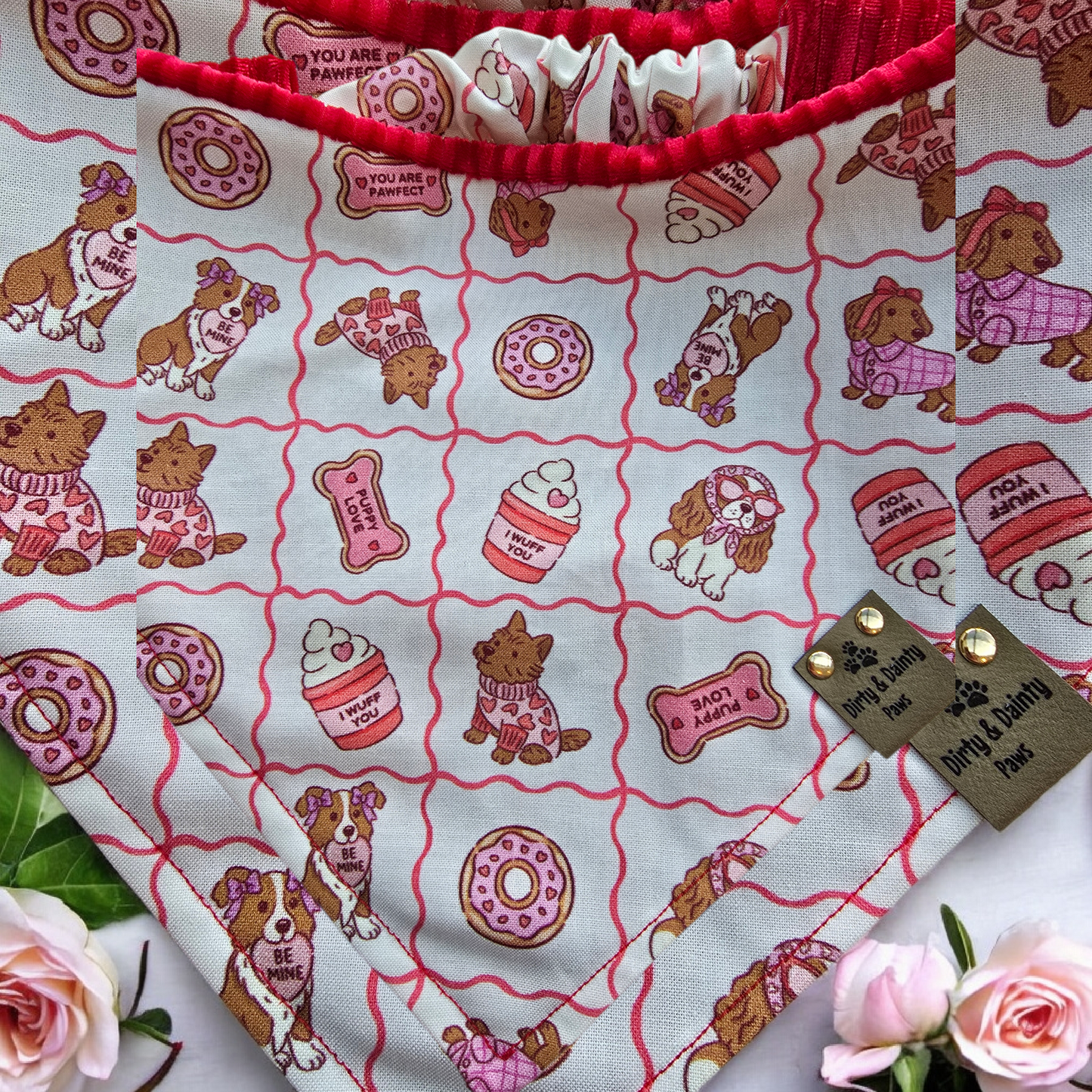 Puppy Love & Red Velvet Corduroy| Cozy Cotton Reversible Scrunchie Dog Bandana