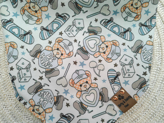 Teddy Bears & Skateboards / Blue Buffalo Plaid or Neutral Mini Flowers | Cozy Cotton Reversible Scrunchie Dog Bandana –