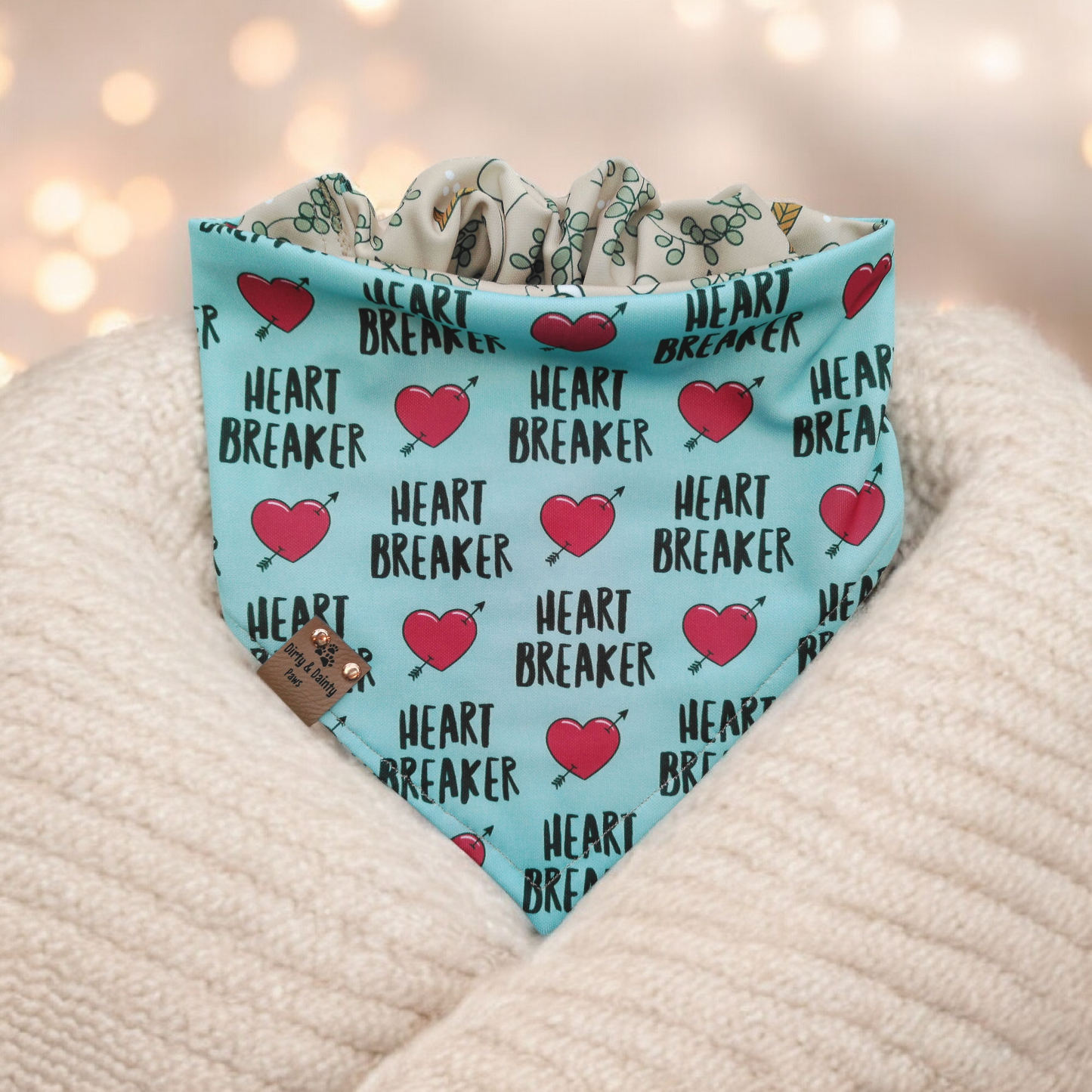 Sports Piqué scrunchie dog bandana with Heart Breaker print and red hearts
