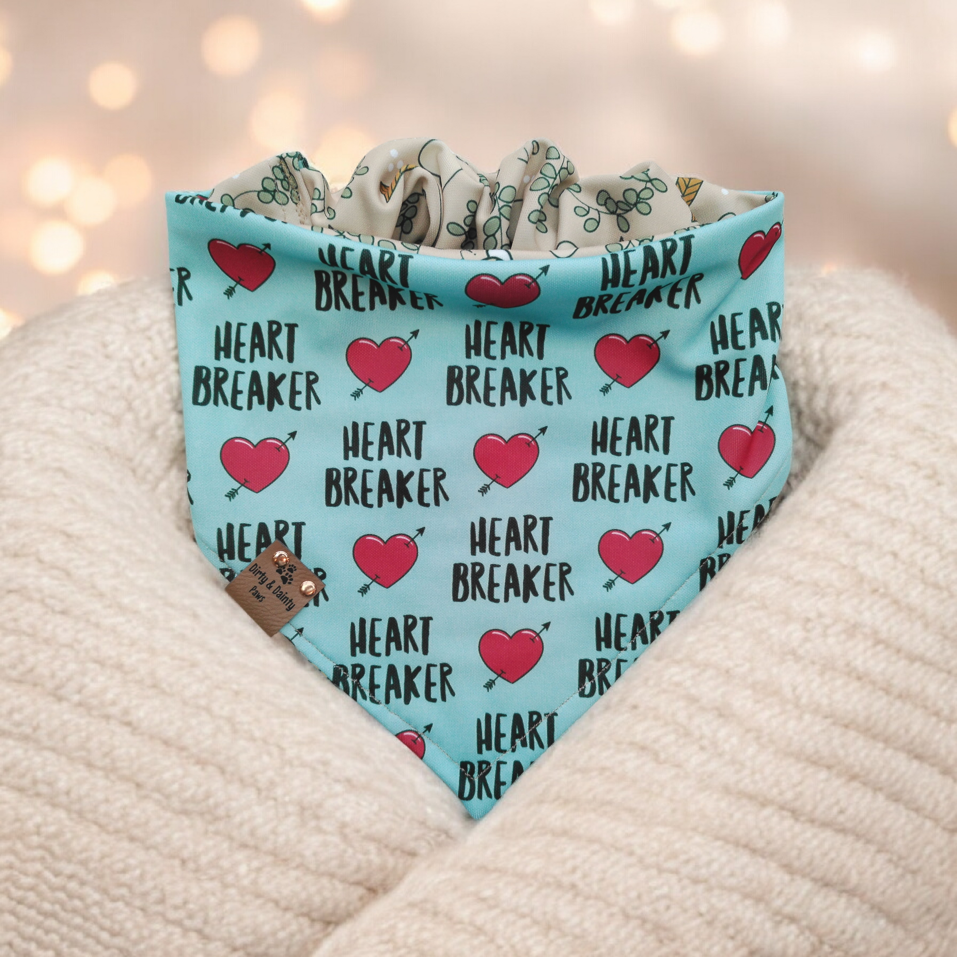 Sports Piqué scrunchie dog bandana with Heart Breaker print and red hearts
